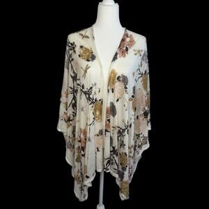 INC Cream Floral Kimono Cardigan Sweater OS Semi Sheer Romantic Fairy Spring